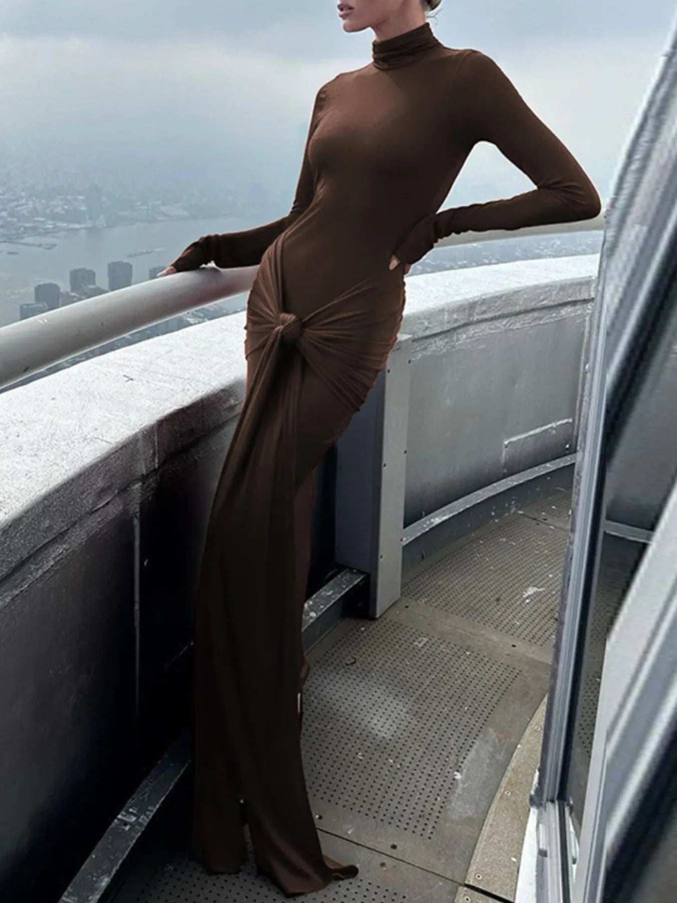 Ruched Turtleneck Long Sleeve Tie Front Maxi Dress - Trendsi - Flyclothing LLC