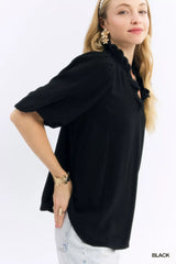 Umgee Linen Scallop Trim V-Neck Blouse - Trendsi - Flyclothing LLC