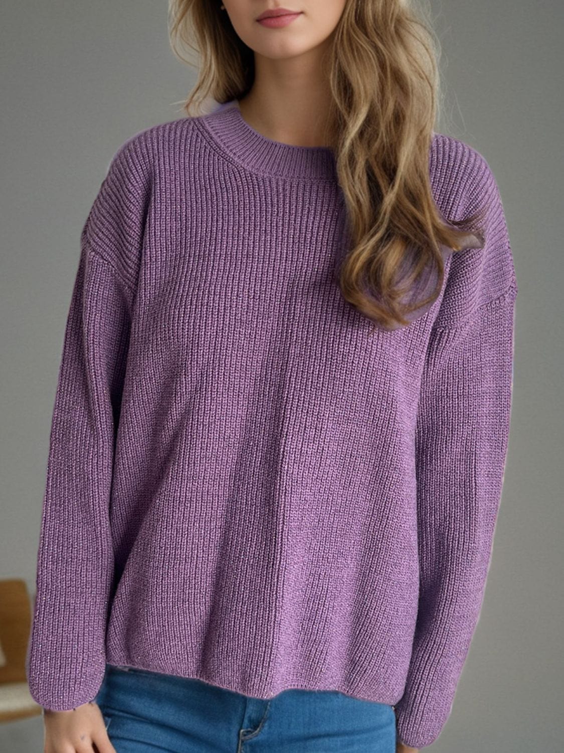 Solid Color Round Neck Long Sleeve Sweater - Trendsi