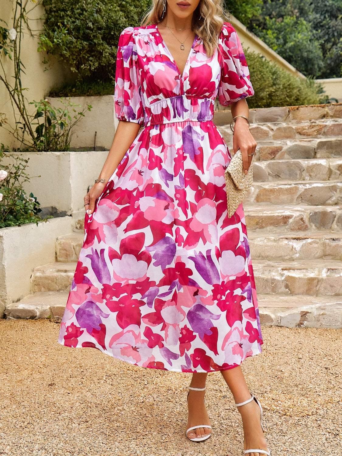 Smocked Printed V-Neck Half Sleeve Midi Dress - Trendsi - Flyclothing LLC