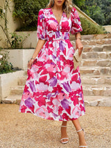 Smocked Printed V-Neck Half Sleeve Midi Dress - Trendsi - Flyclothing LLC