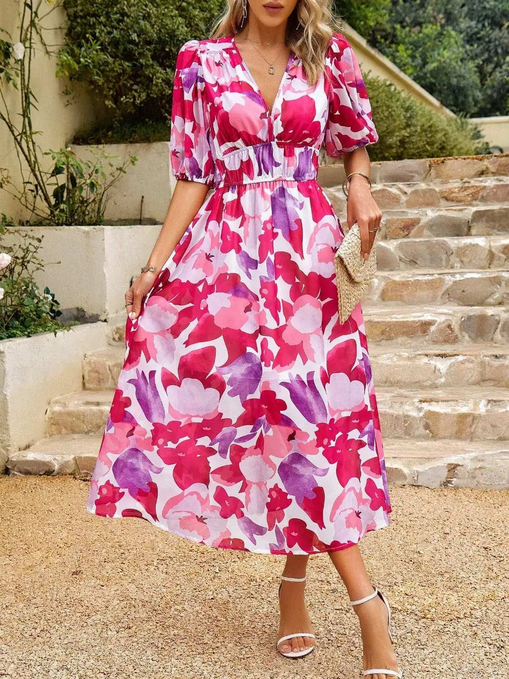 Smocked Printed V-Neck Half Sleeve Midi Dress - Trendsi - Flyclothing LLC