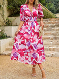 Smocked Printed V-Neck Half Sleeve Midi Dress - Trendsi - Flyclothing LLC