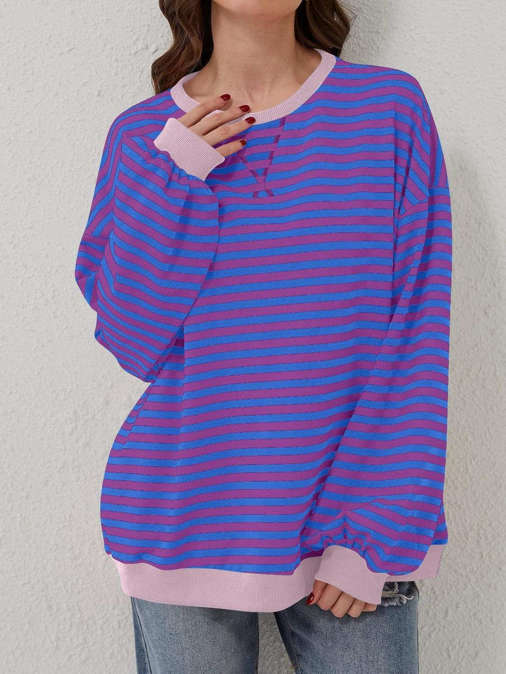 Contrast Striped Long Sleeve Sweatshirt - Trendsi - Flyclothing LLC