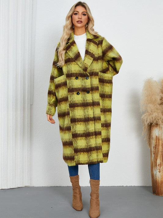Contrast Double-Breasted Long Sleeve Longline Coat - Trendsi