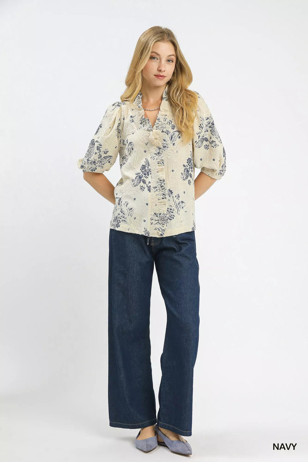 Umgee Floral Embroidered Blouse with Ruffle Trim - Trendsi - Flyclothing LLC