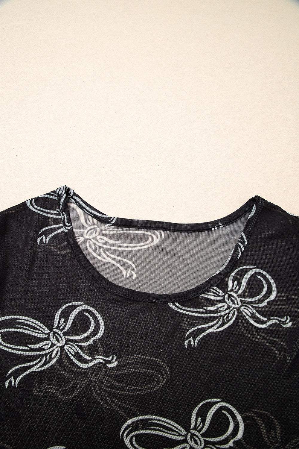 Bow Mesh Round Neck Short Sleeve T-Shirt - Trendsi - Flyclothing LLC
