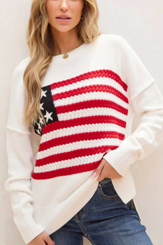 US Flag Side Slit Drop Shoulder Sweater - Trendsi - Flyclothing LLC