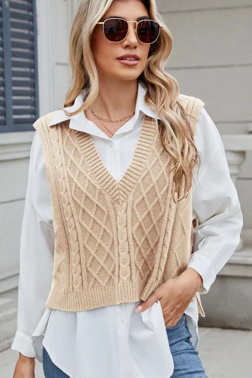 Cable-Knit V-Neck Sweater Vest - Trendsi - Flyclothing LLC