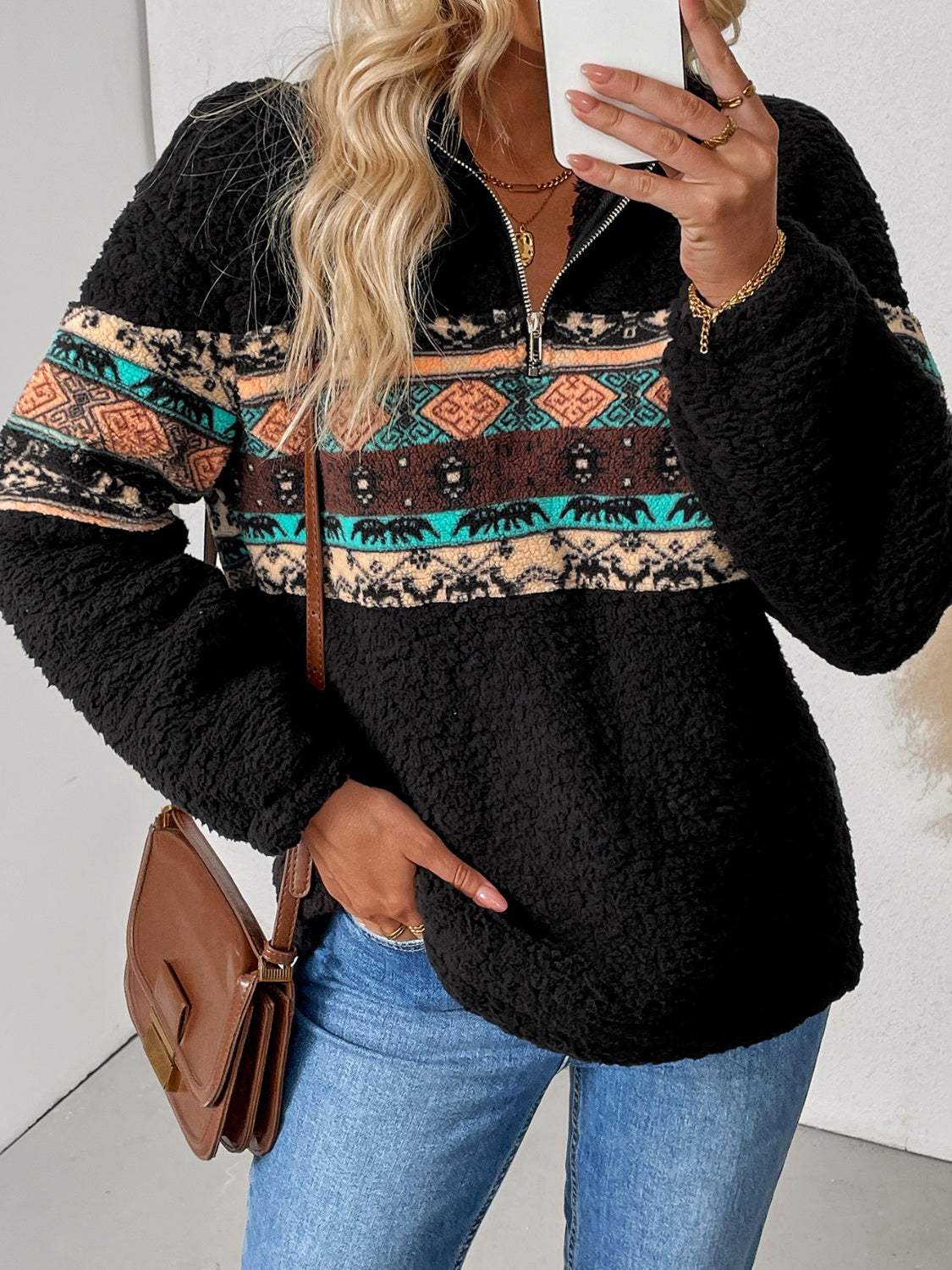 Quarter Zip Geometric Long Sleeve Sweatshirt - Trendsi - Flyclothing LLC