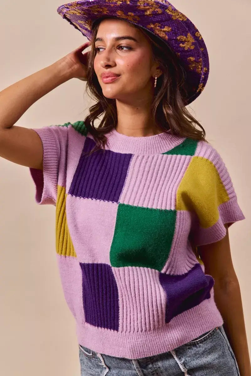 SO ME Mardi Gras Check Plaid Casual Sweater Top - Trendsi - Flyclothing LLC