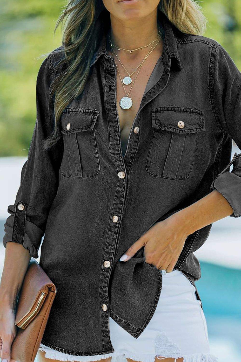 Pocketed Collared Neck Long Sleeve Denim Top - Trendsi - Flyclothing LLC