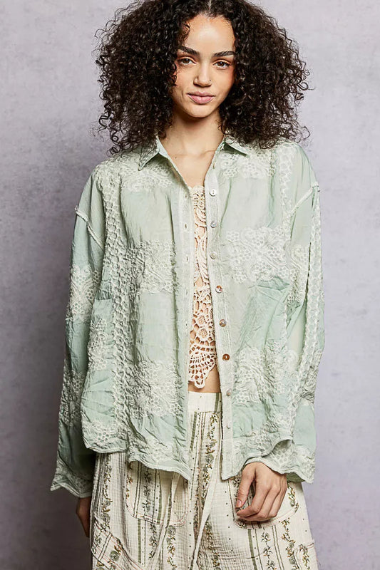 POL Embroidery Button Down Long Sleeve Shirt - Trendsi - Flyclothing LLC