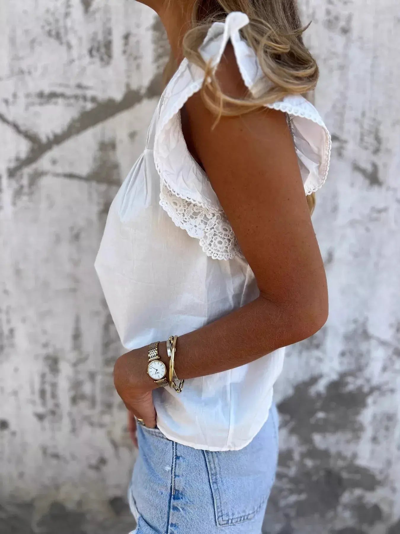 Lace Trimmed Cap Sleeve Blouse - Trendsi - Flyclothing LLC