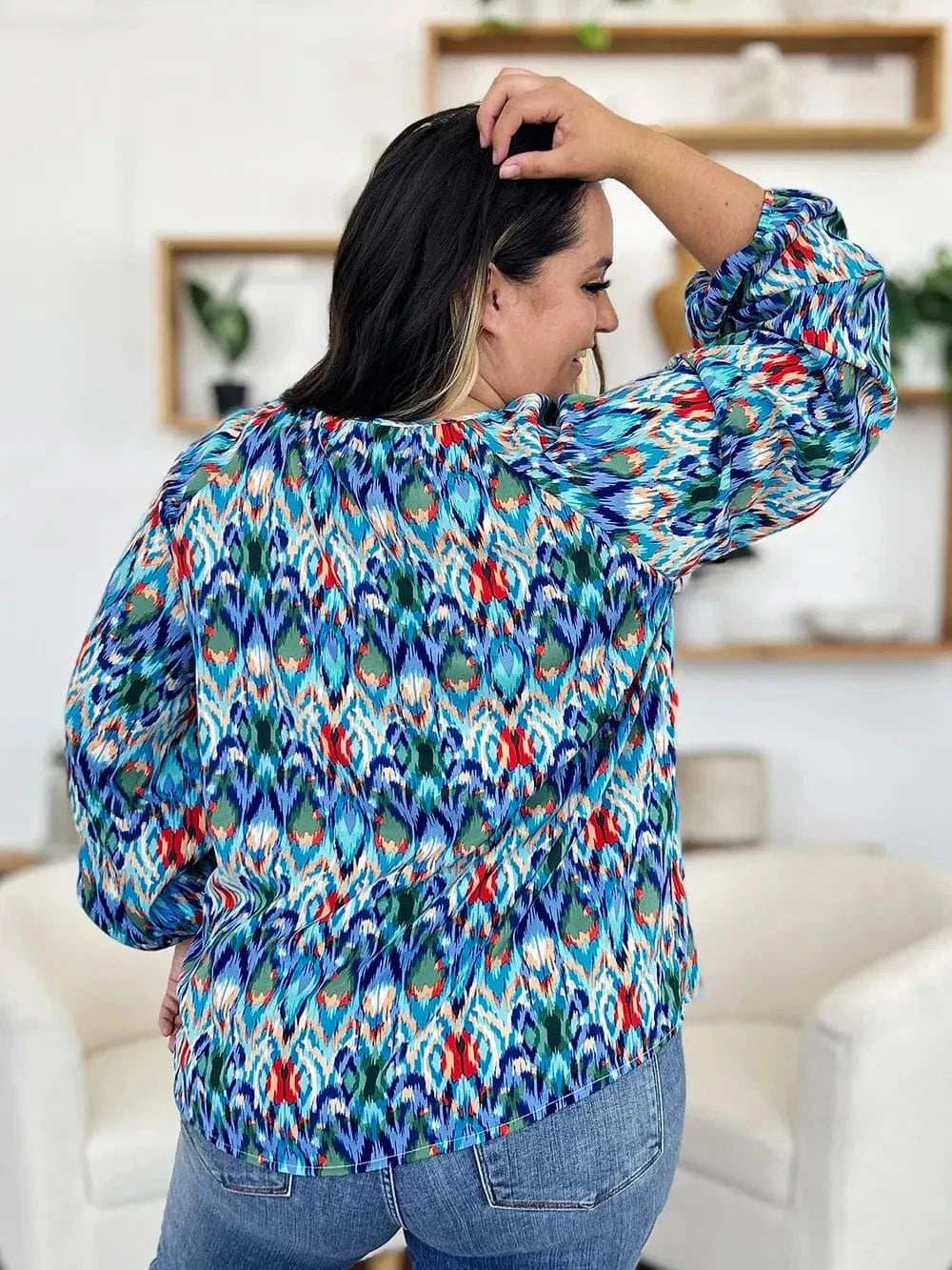 Double Take Full Size Printed Balloon Sleeve Blouse - Trendsi - Flyclothing LLC