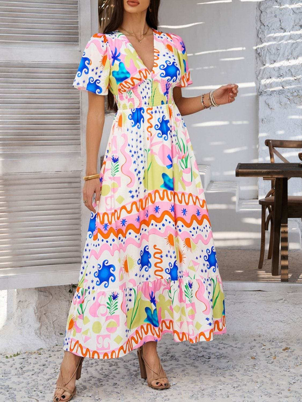 Devine Smocked Printed V-Neck Short Sleeve Maxi Dress - Trendsi - Flyclothing LLC