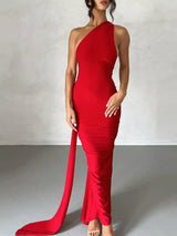 Backless One-Shoulder Ruched Bodycon Maxi Dress - Trendsi - Flyclothing LLC