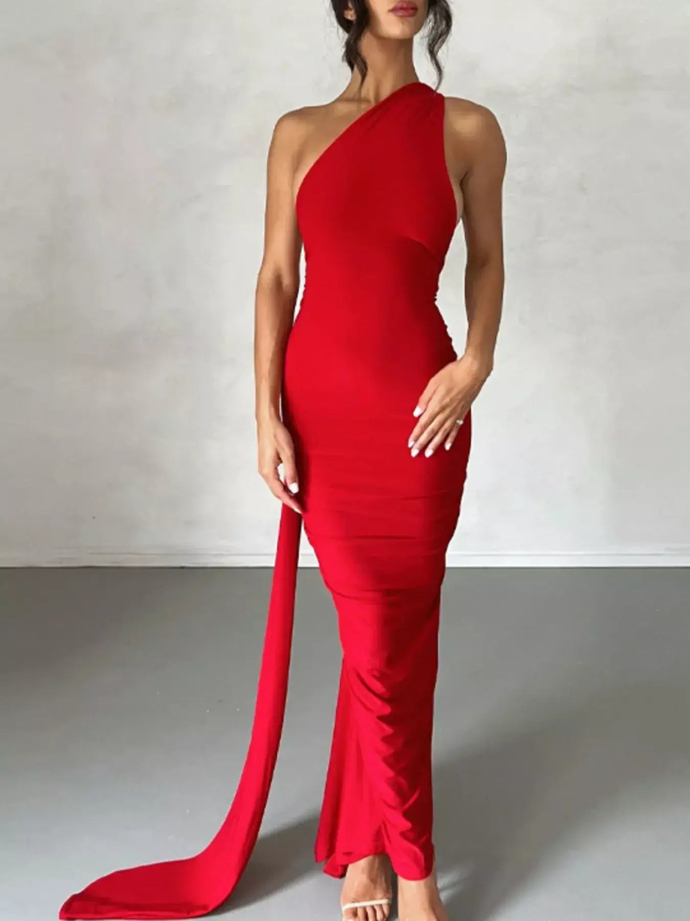 Backless One-Shoulder Ruched Bodycon Maxi Dress - Trendsi - Flyclothing LLC