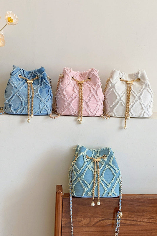 Chain Drawstring Raw Edge Denim Bucket Bag - Trendsi