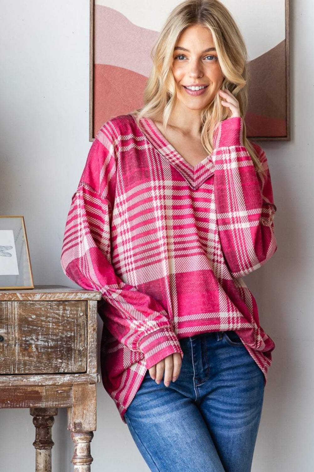 Heimish Plaid Drop Shoulder V-Neck T-Shirt - Trendsi - Flyclothing LLC
