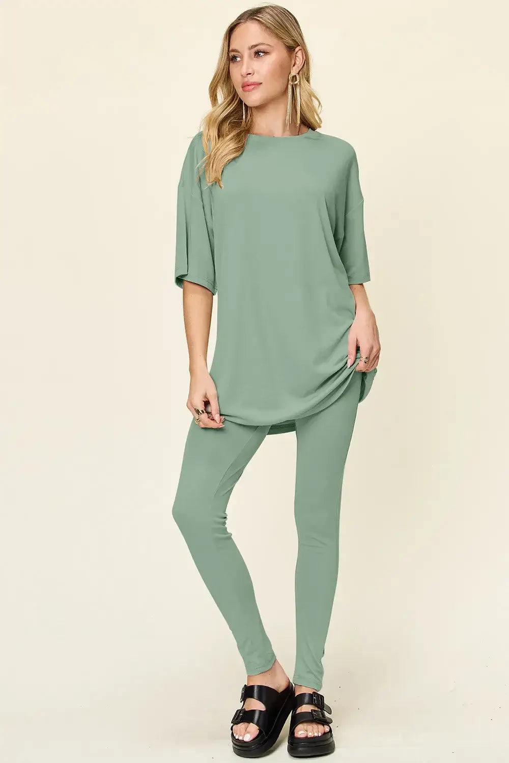 Double Take Full Size Round Neck Dropped Shoulder T-Shirt and Leggings Set - Trendsi - Flyclothing LLC