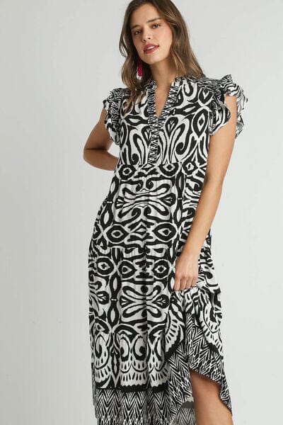 Umgee Full Size Two Tone Border Print Ruffle Cap Sleeve Midi Dress Plus Size - Trendsi
