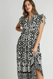 Umgee Full Size Two Tone Border Print Ruffle Cap Sleeve Midi Dress Plus Size - Trendsi
