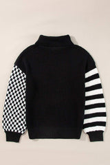 Striped & Checkered Turtleneck Dropped Shoulder Sweater - Trendsi - Flyclothing LLC