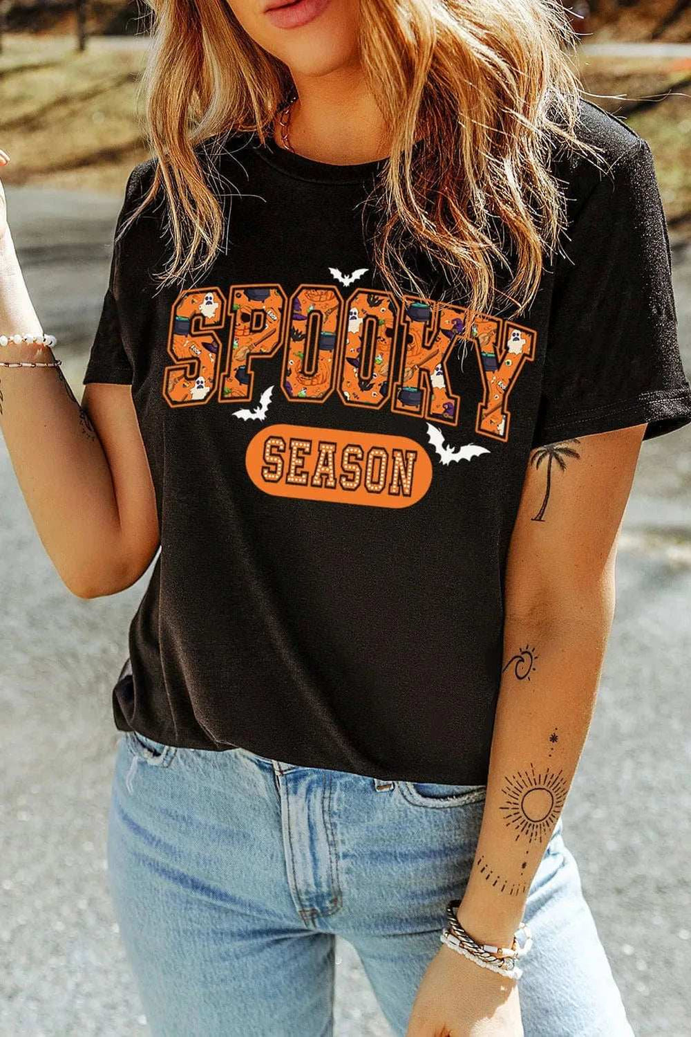 SPOOKY SEASON Round Neck Short Sleeve T-Shirt - Trendsi - Flyclothing LLC