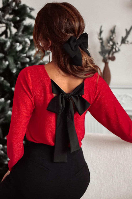 Bowknot V-Neck Long Sleeve Blouse - Trendsi - Flyclothing LLC
