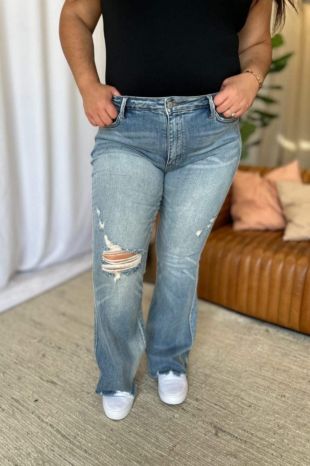Judy Blue Full Size Medium Rise Tummy Control Destroy Flare - Trendsi - Flyclothing LLC