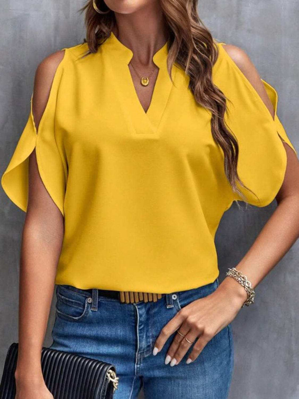 Notched Cold Shoulder Half Sleeve Blouse - Trendsi - Flyclothing LLC