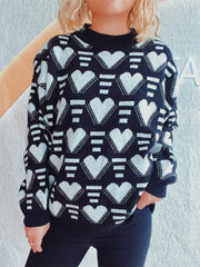 Heart Contrast Long Sleeve Dropped Shoulder Sweater - Trendsi
