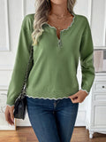 Contrast Trim Quarter Zip Long Sleeve Knit Top - Trendsi