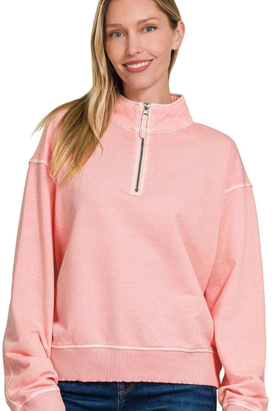 Zenana F/terry Pigment Dye & Enzyme Washing Half Zip Top - Trendsi - Flyclothing LLC