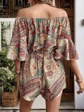 Printed Off Shoulder Half Sleeve Romper - Trendsi