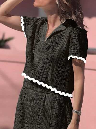 Contrast Trim Openwork Short Sleeve Top and Skirt Set - Trendsi - Flyclothing LLC