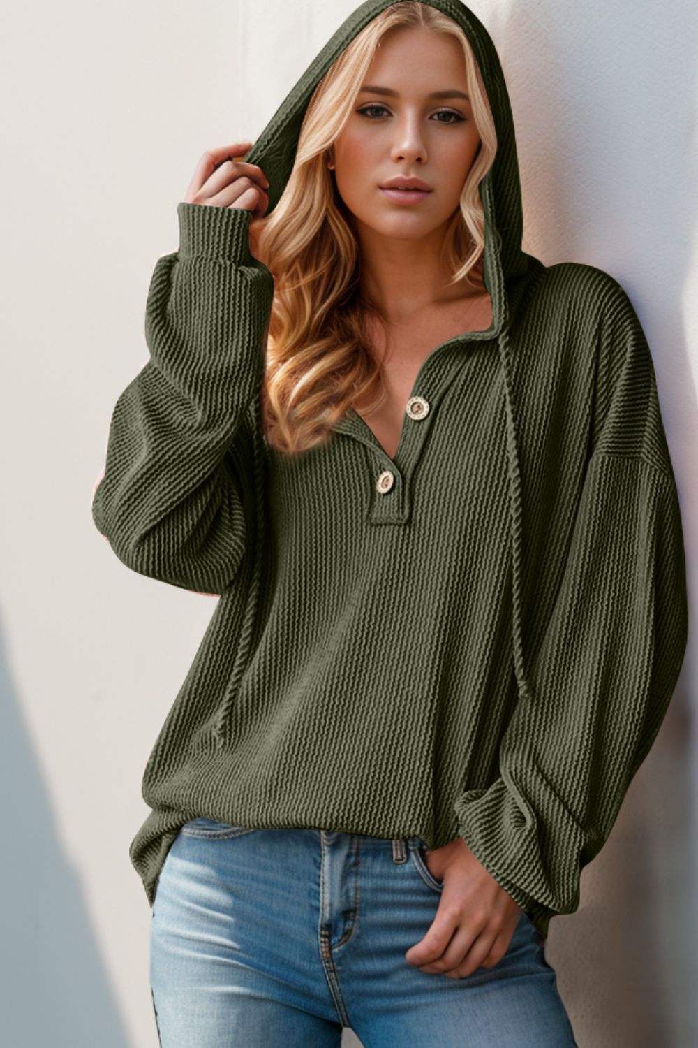 Double Take Full Size Half Button Long Sleeve Hoodie - Trendsi - Flyclothing LLC