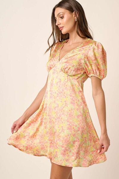 Mittoshop Printed V-Neck Puff Sleeve Mini Dress - Trendsi