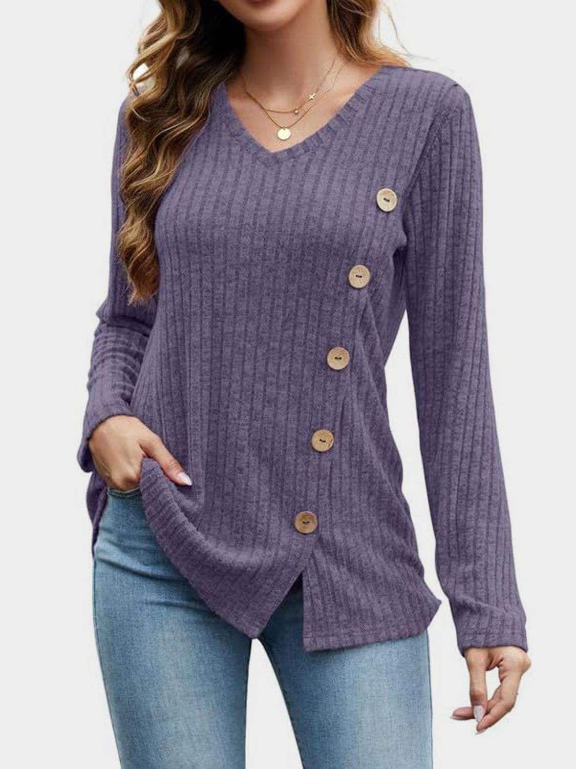 V-Neck Long Sleeve T-Shirt - Trendsi - Flyclothing LLC