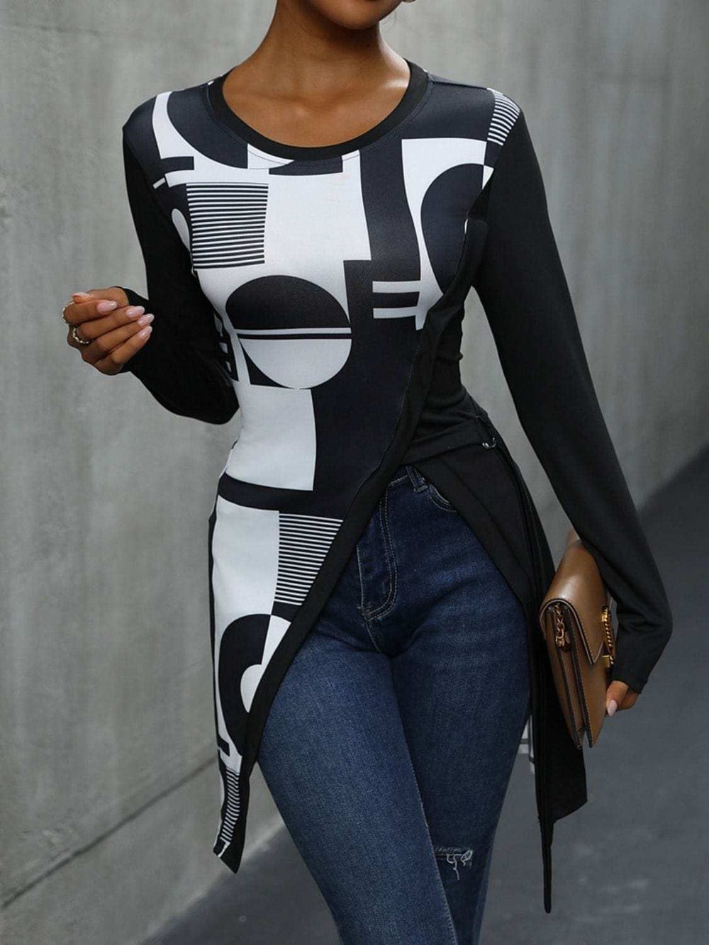 Geometric Round Neck Long Sleeve T-Shirt - Trendsi - Flyclothing LLC