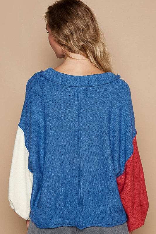 POL Exposed Seam Contrast V-Neck Lantern Sleeve Sweater - Trendsi - Flyclothing LLC