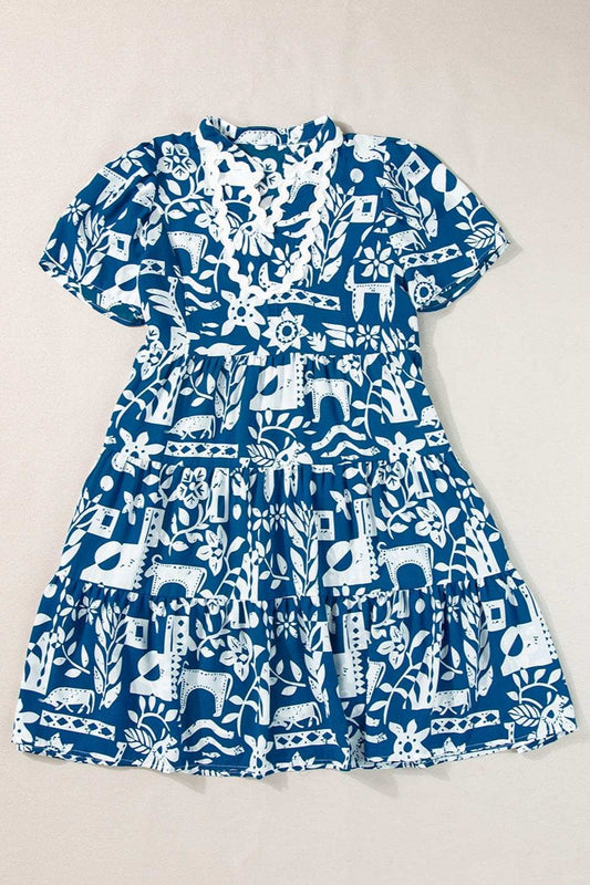 Printed Notched Short Sleeve Mini Dress - Trendsi - Flyclothing LLC