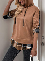 Perfee Drawstring Slit Plaid Long Sleeve Hoodie - Trendsi - Flyclothing LLC