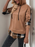 Perfee Drawstring Slit Plaid Long Sleeve Hoodie - Trendsi