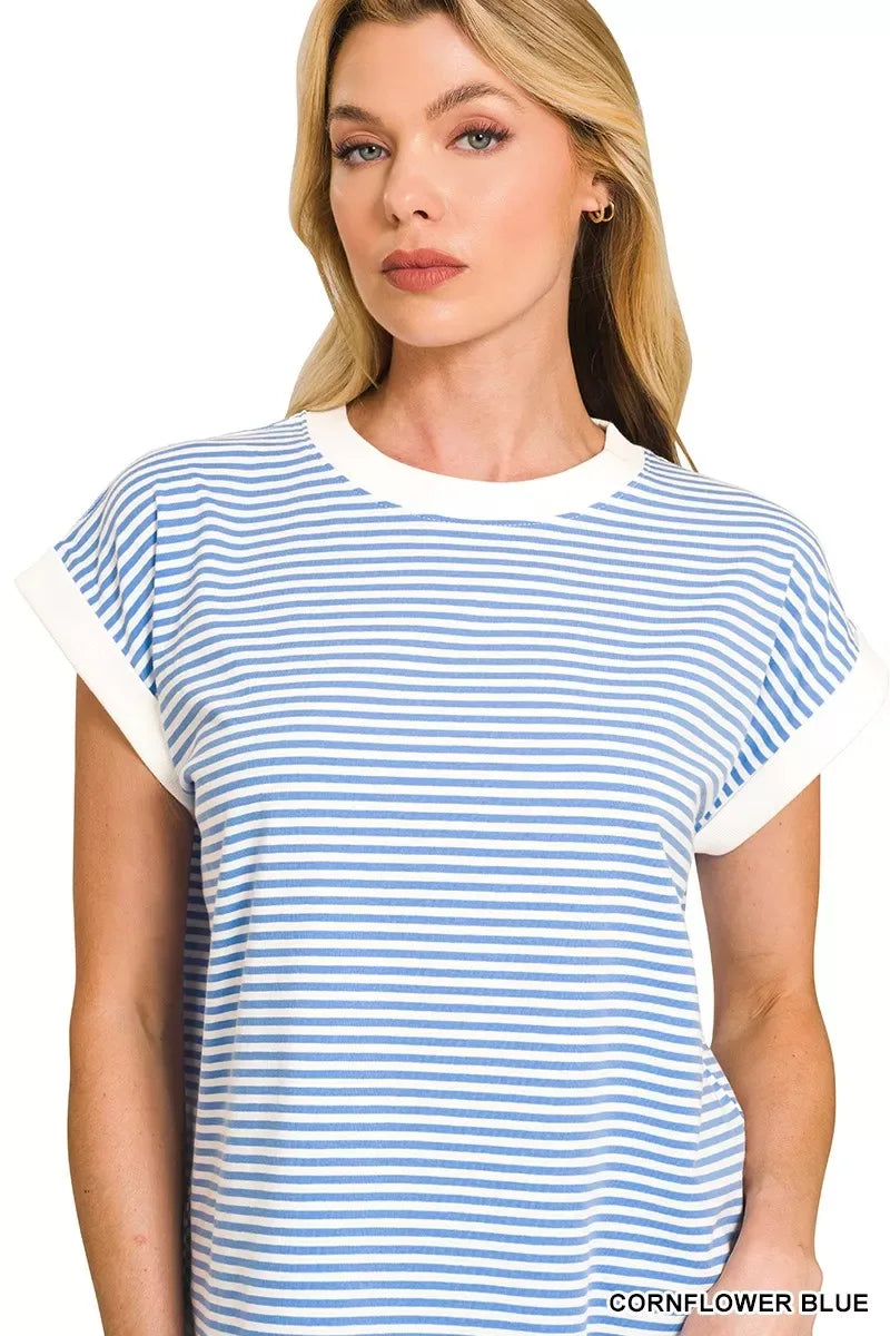 Zenana Striped Round Neck Short Sleeve Contrast Trim T-Shirt - Trendsi - Flyclothing LLC