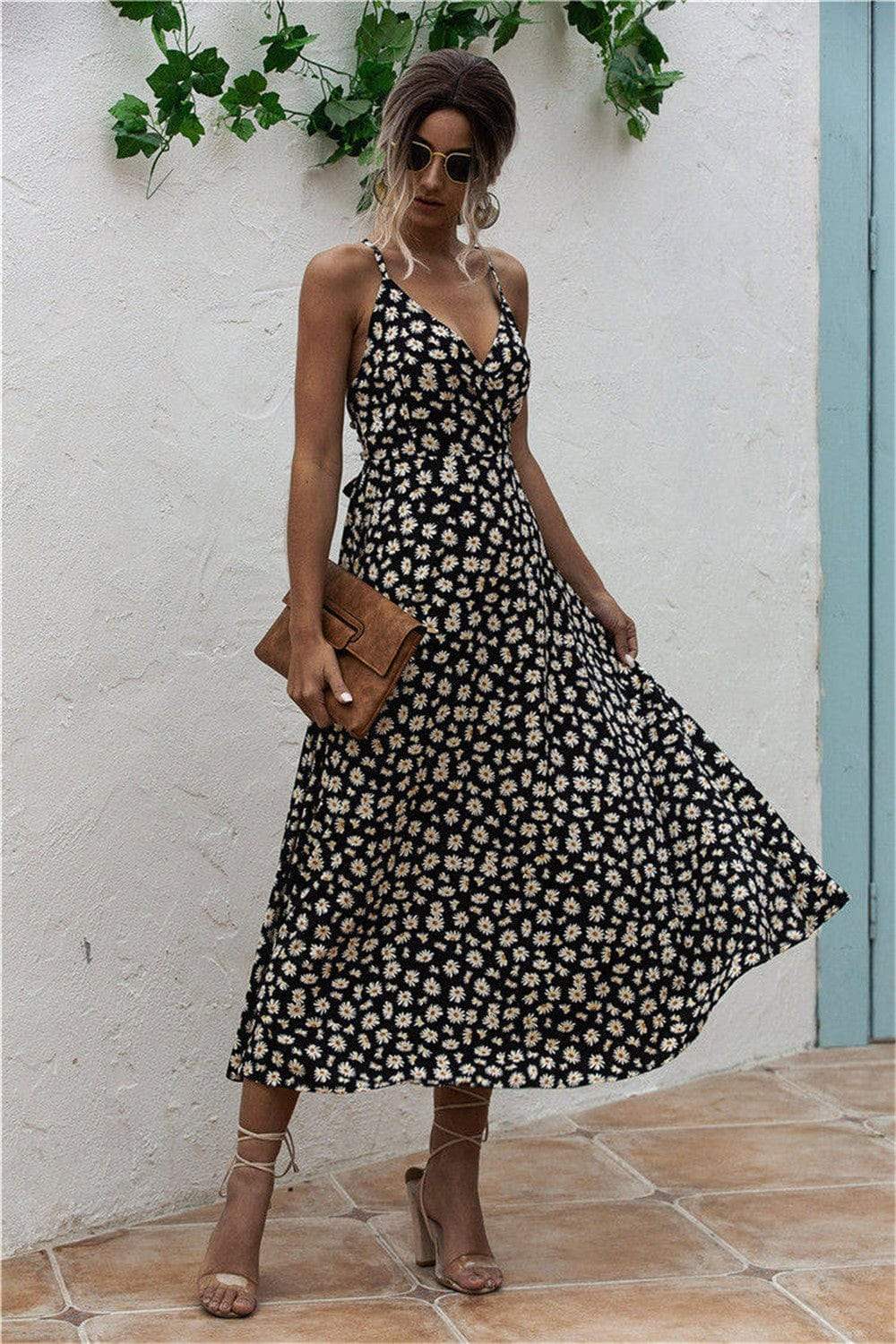 Daisy Print Surplice Midi Cami Dress - Trendsi - Flyclothing LLC