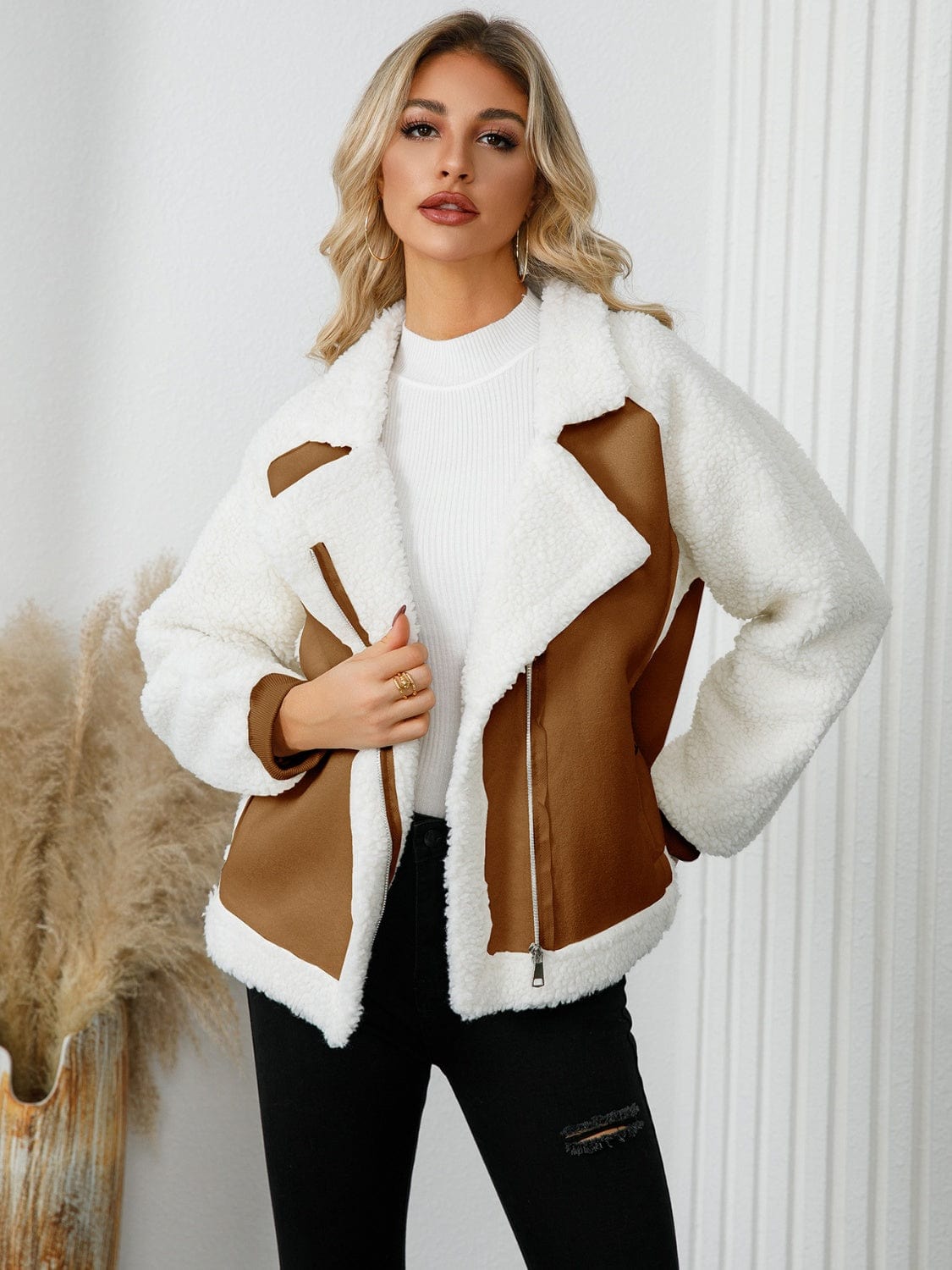 Pocketed Sherpa Zip Up Long Sleeve Jacket - Trendsi