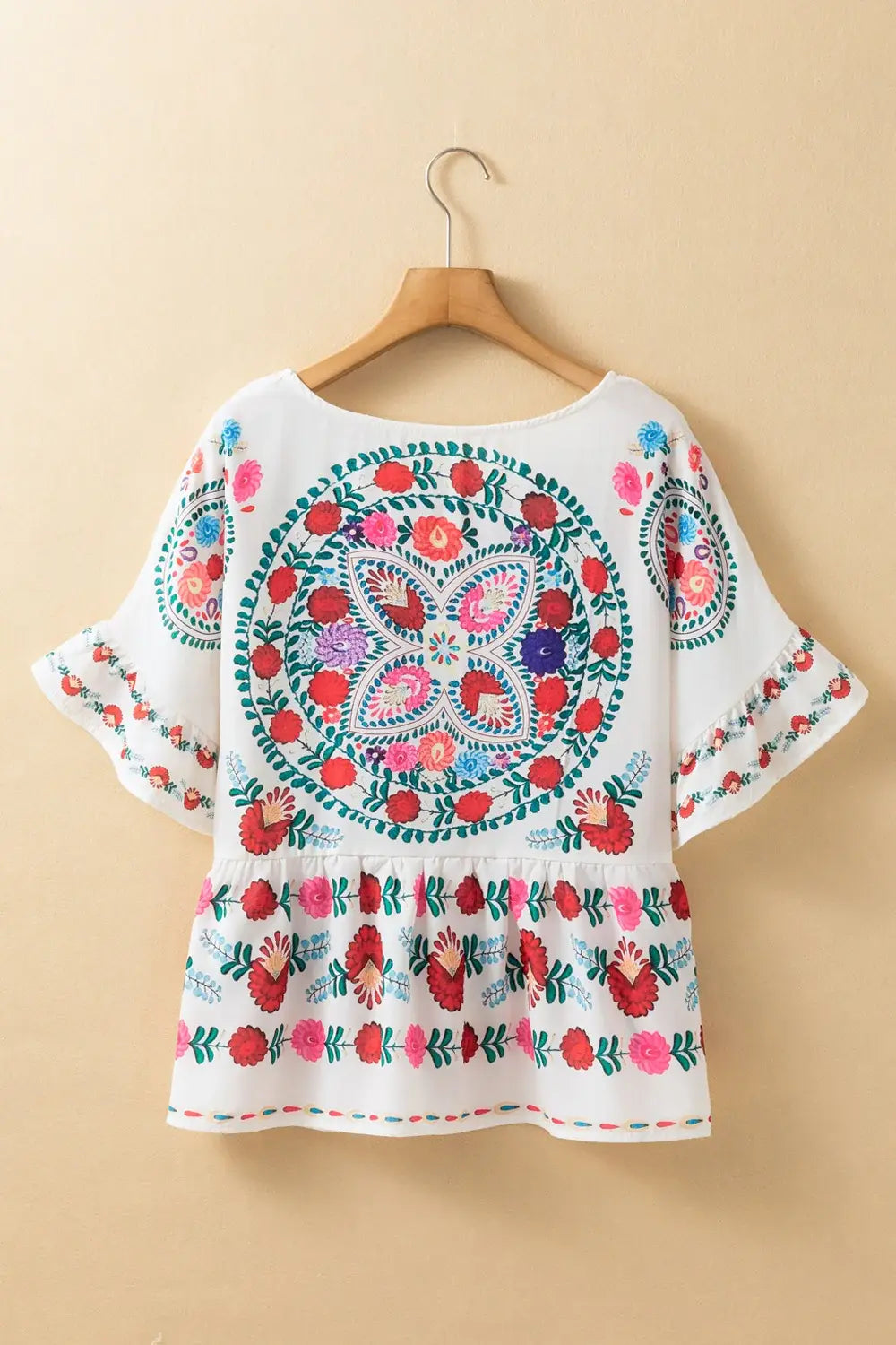 Floral Print Round Neck Ruffle Trim Blouse - Trendsi - Flyclothing LLC