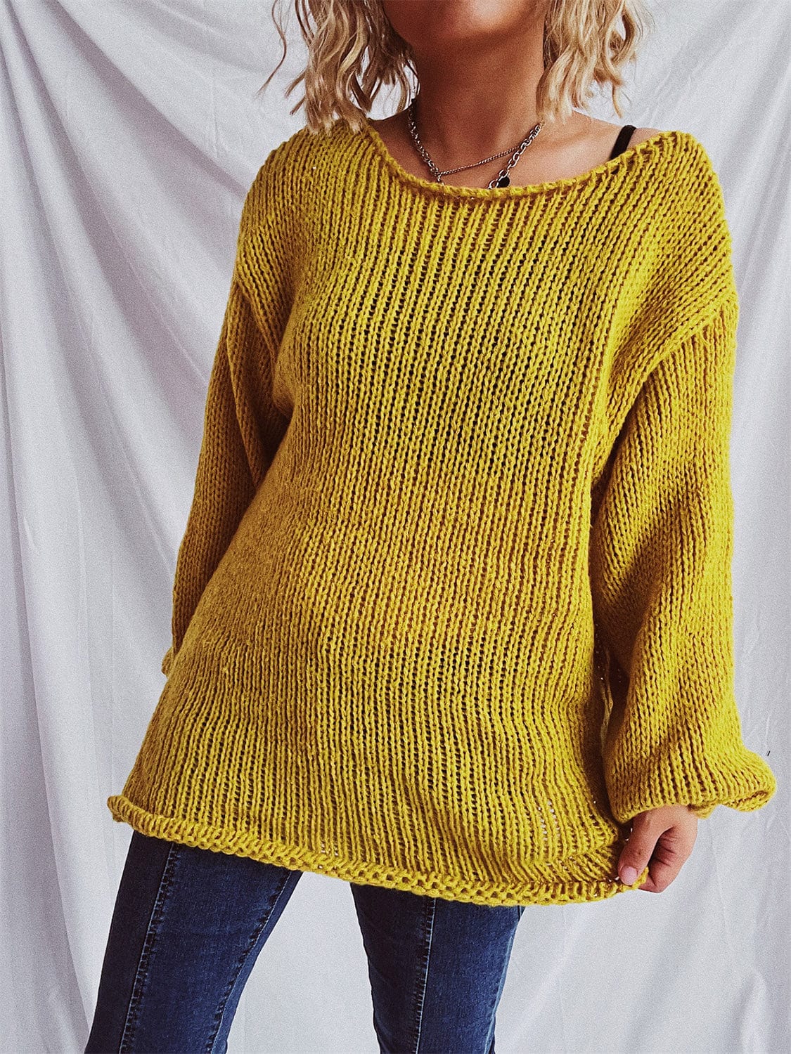 Boat Neck Dropped Shoulder Sweater - Trendsi